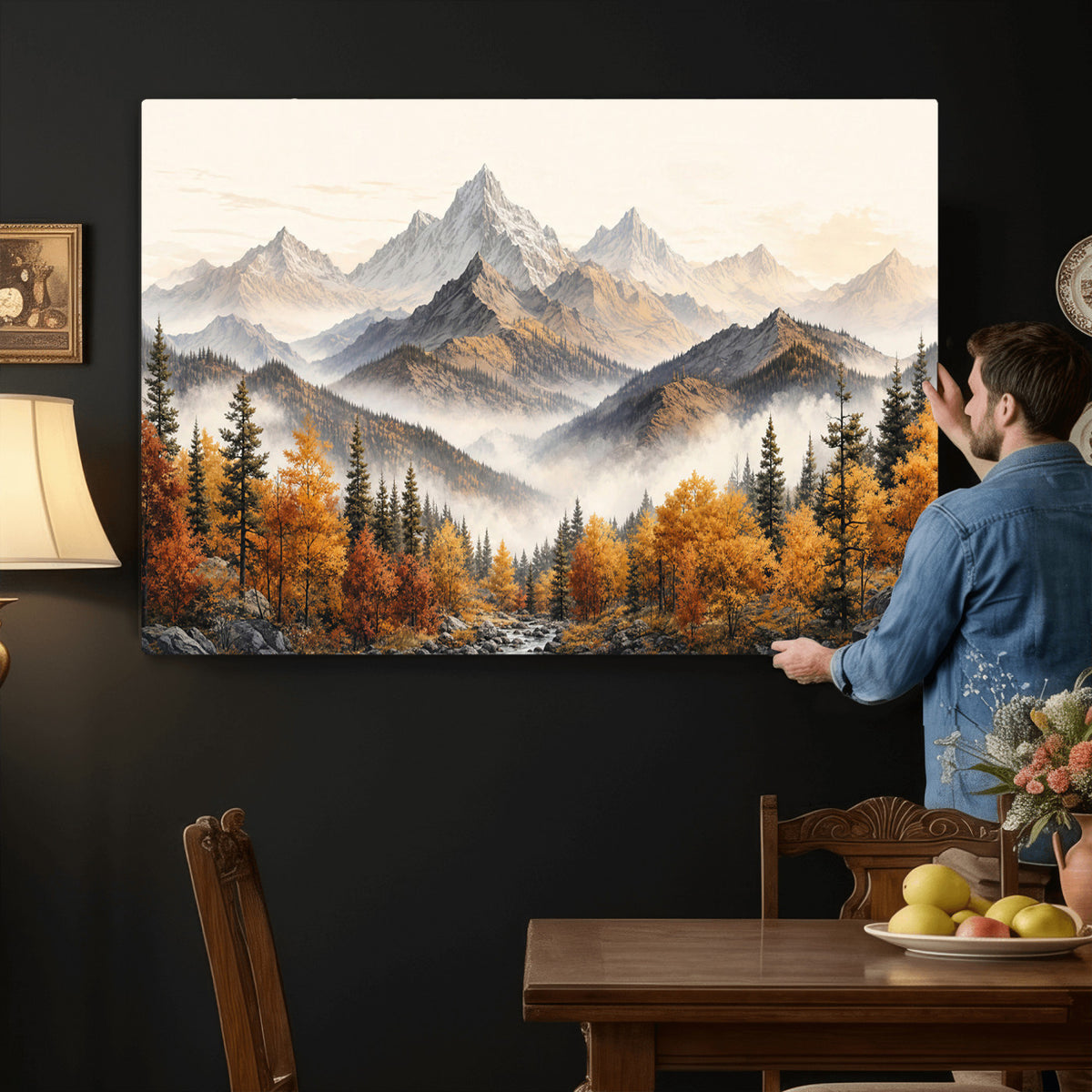 21309099-MGV-TP-30X20 - Extra Large Misty Mountain Autumn Forest Canvas Wall Art - Watercolor Fall Nature Landscape Print