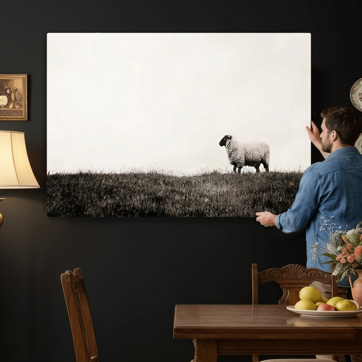 72749448-MGV-TP-30X20 - Minimalist Sepia Sheep Canvas Wall Art - Rustic Farmhouse Country Landscape Print