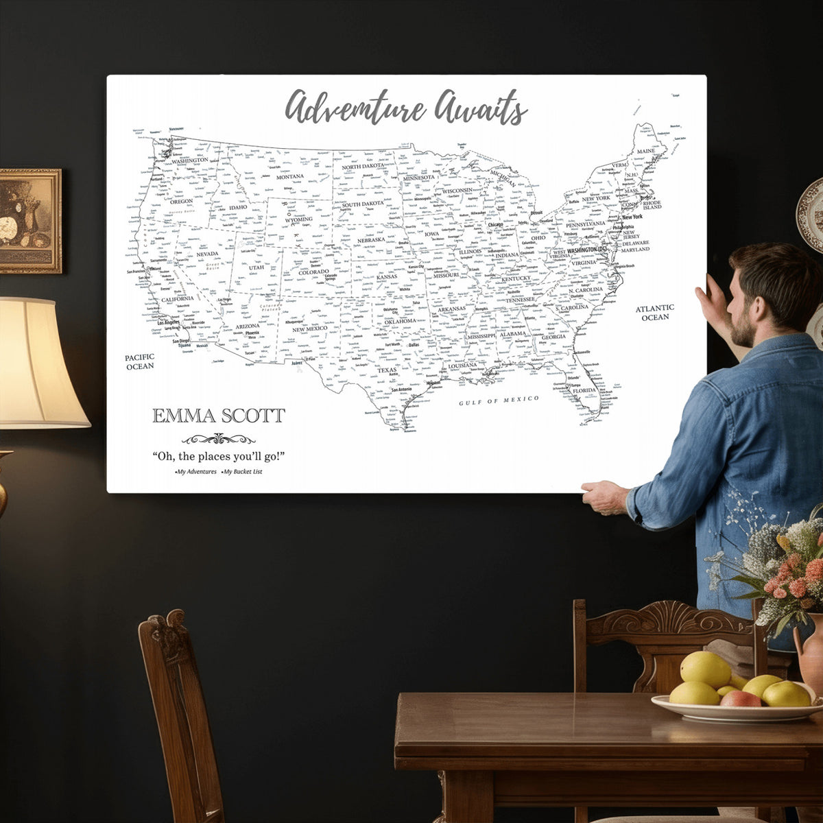73634814-MGV-CV-36X24 - Custom USA Push Pin Travel Map Canvas Wall Art - Personalized Couples Gift Flat Digital Print