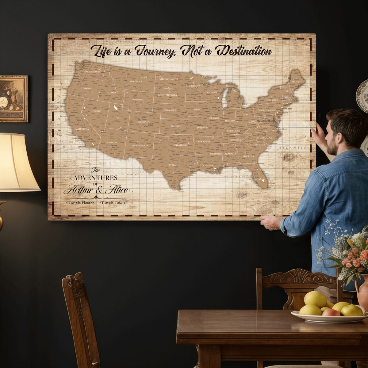 82934328-MGV-CV-36X24 - Custom USA Push Pin Travel Map Canvas Wall Art - Personalized Couples Gift Flat Digital Print