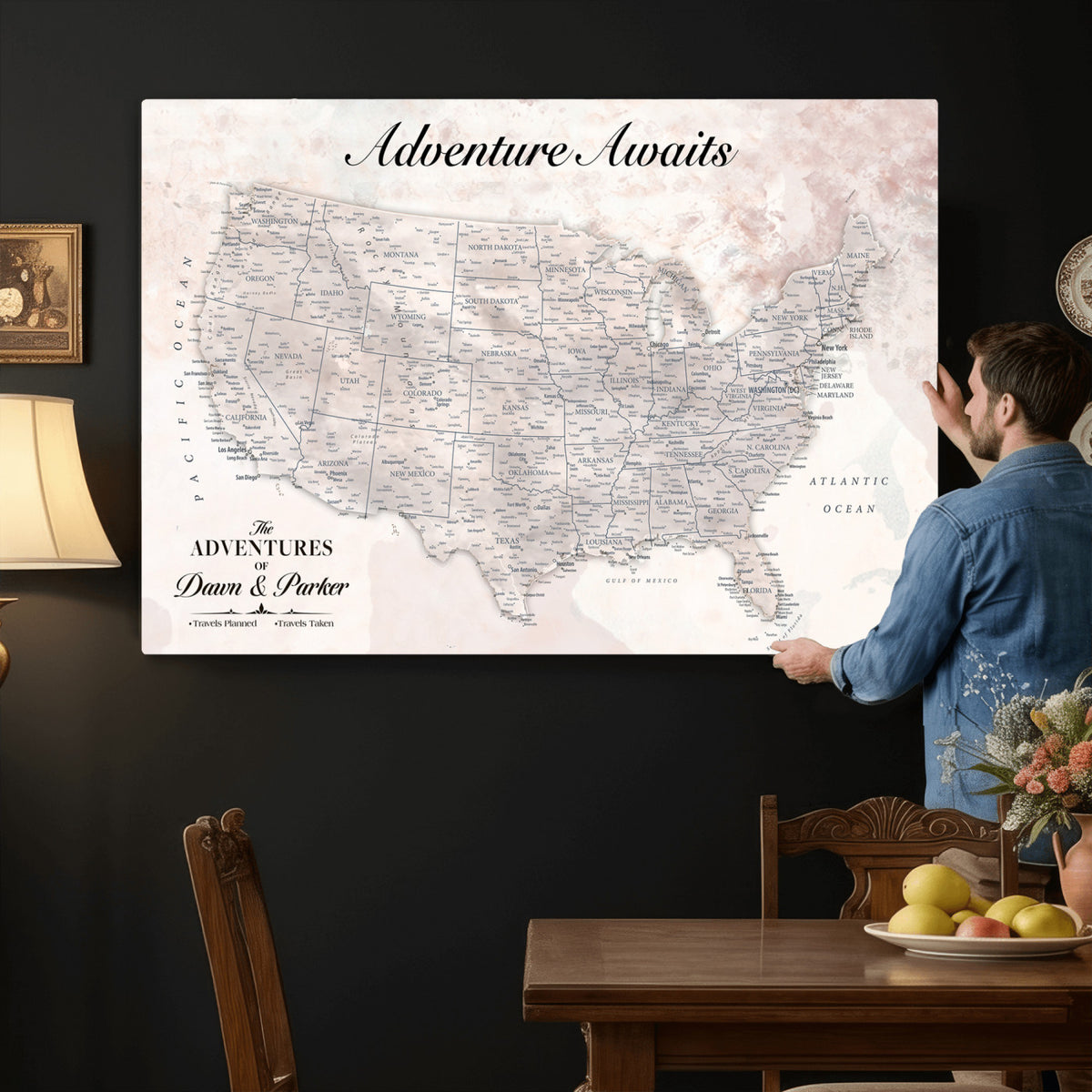 50687859-MGV-CV-36X24 - Custom USA Push Pin Travel Map Canvas Wall Art - Personalized Couples Gift Flat Digital Print