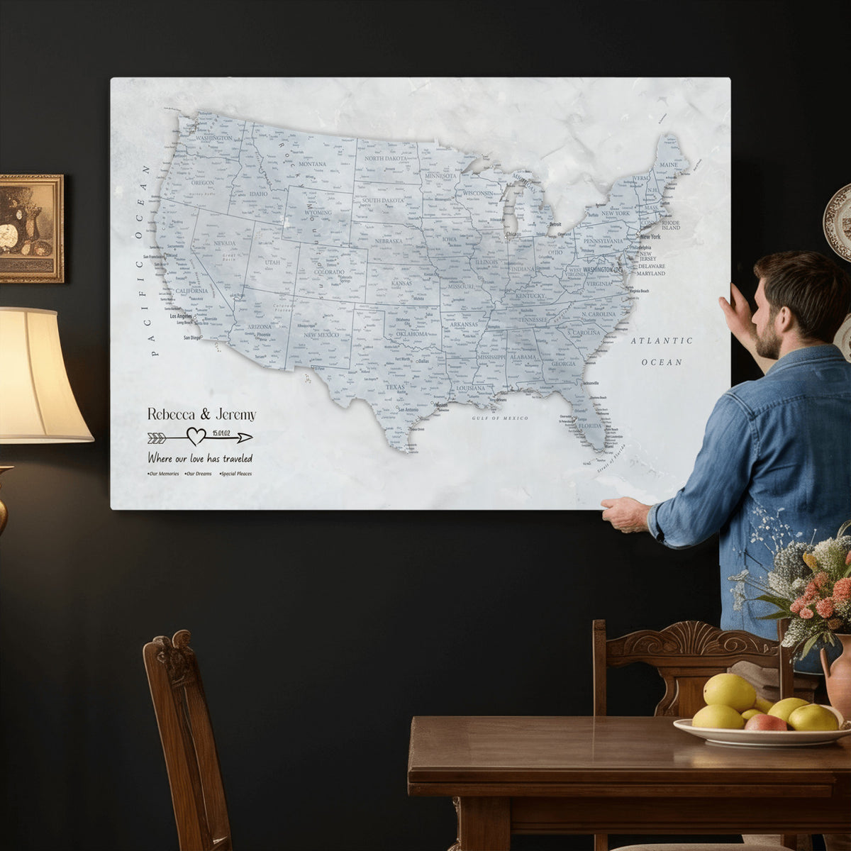 35973131-MGV-CV-36X24 - Custom USA Push Pin Travel Map Canvas Wall Art - Personalized Couples Gift Flat Digital Print