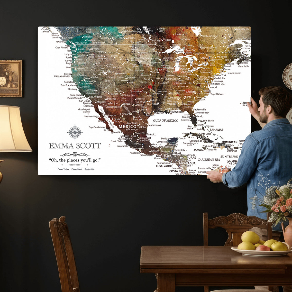 53374031-MGV-CV-36X24 - Custom USA Push Pin Travel Map Canvas Wall Art - Personalized Couples Gift Flat Digital Print