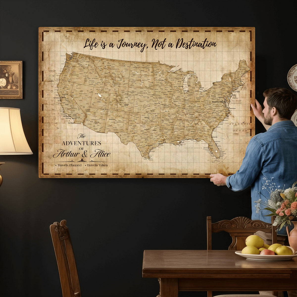 90686209-MGV-CV-36X24 - Custom USA Push Pin Travel Map Canvas Wall Art - Personalized Couples Gift Flat Digital Print