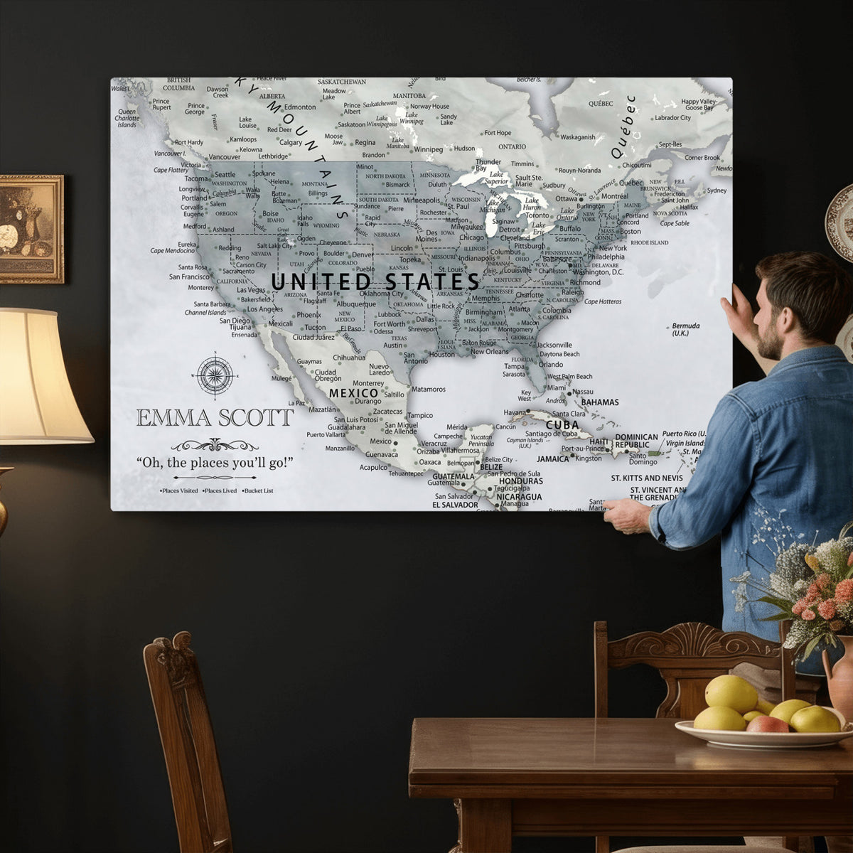 90686209D-MGV-CV-36X24 - Custom USA Push Pin Travel Map Canvas Wall Art - Personalized Couples Gift Flat Digital Print