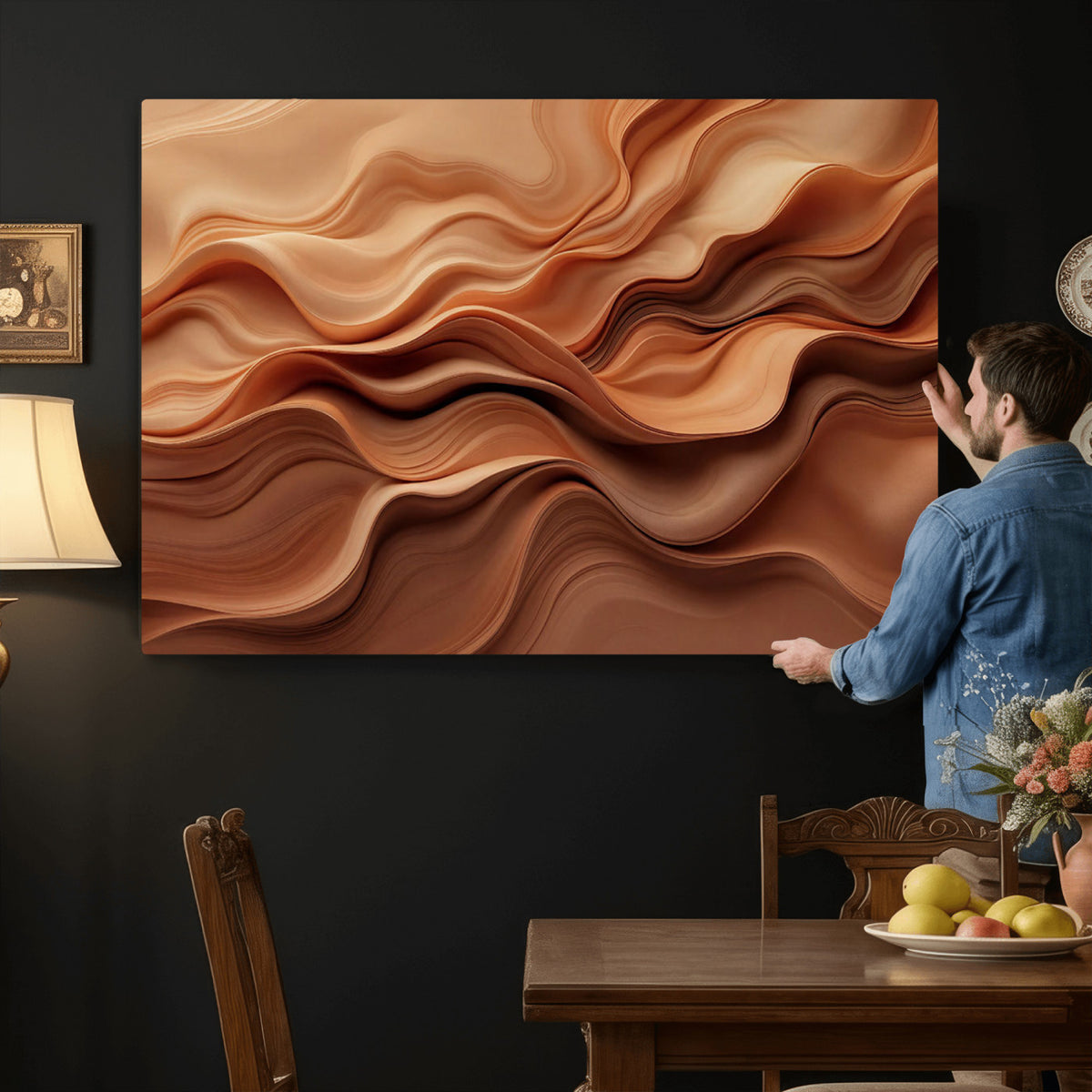 82230697-MGV-CV-36X24 - Modern Abstract Fluid Waves Canvas Wall Art - Minimalist Warm Terracotta Beige Sand Print