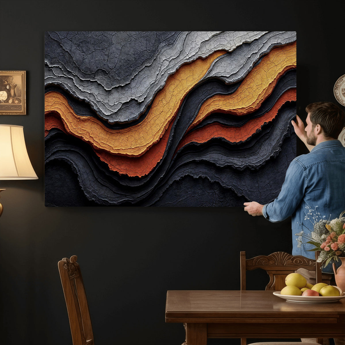 59852489-MGV-CV-36X24 - Abstract Waves Canvas Wall Art - Modern Terracotta and Charcoal Gray Print