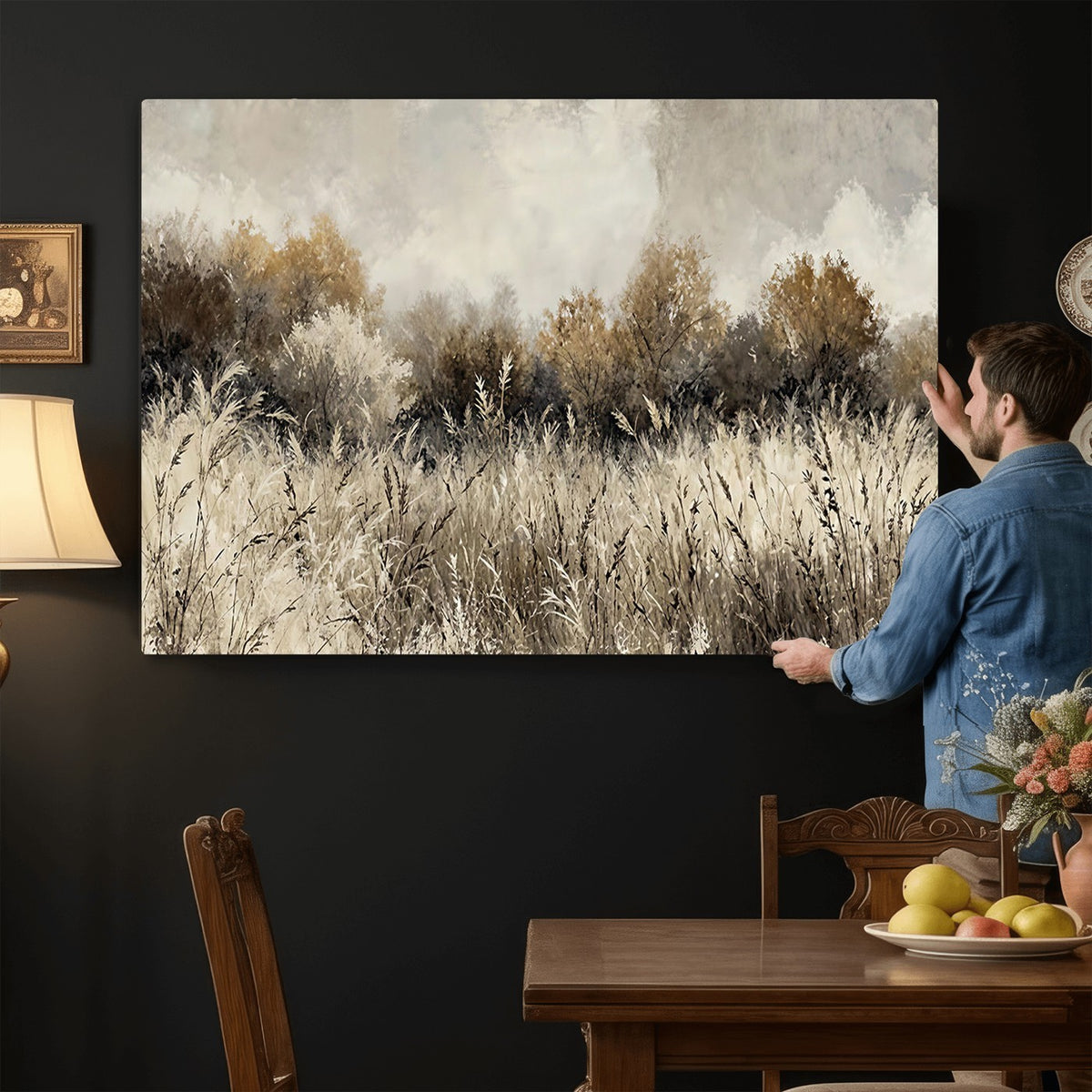 53959945-_Poster-30x20 - Muted Neutral Forest Landscape Canvas Wall Art - Vintage Rustic Wildflower Meadow Print