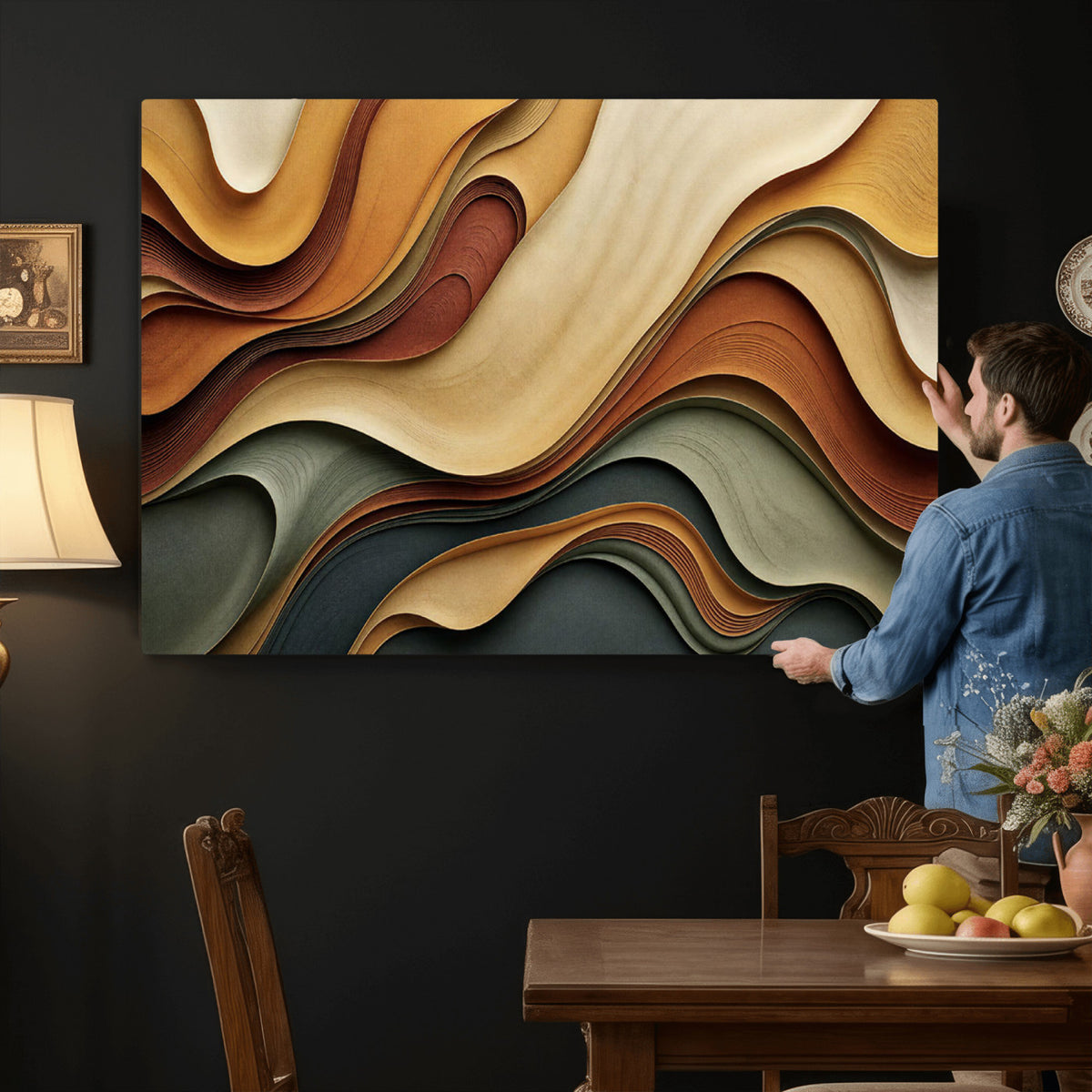 19337902-MGV-CV-36X24 - Modern Abstract Waves Canvas Wall Art - Minimalist Earthy Tone Living Room Decor