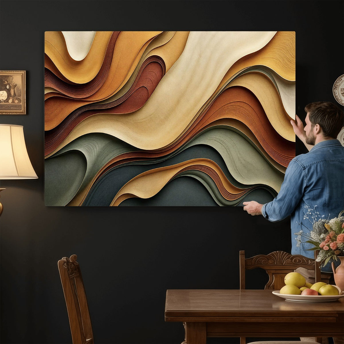 19337902-_Poster-30x20 - Modern Abstract Waves Canvas Wall Art - Minimalist Earthy Tone Living Room Decor