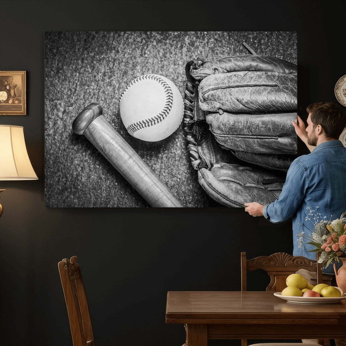83916D-MGV-CV-36X24 - Vintage Baseball Glove and Bat Sports Wall Art Canvas Print
