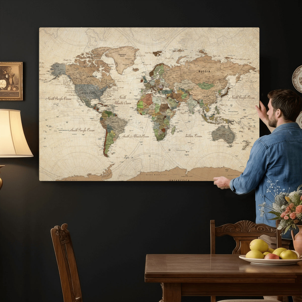 32749414D-MGV-CV-36X24 - Custom Push Pin World Map Wall Art Canvas Print – Personalized Travel Tracker with Pins Framed Large for Home and Office Decor