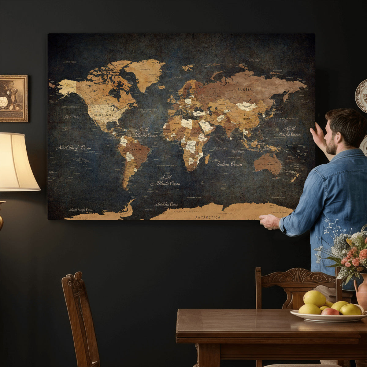 40660012D-MGV-CV-36X24 - Custom Push Pin World Map Wall Art Canvas Print – Personalized Travel Tracker with Pins Framed Large for Home and Office Decor
