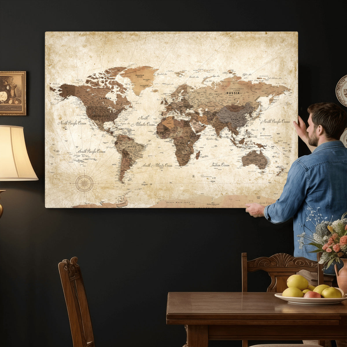 69154703D-MGV-CV-36X24 - Custom Push Pin World Map Wall Art Canvas Print – Personalized Travel Tracker with Pins Framed Large for Home and Office Decor