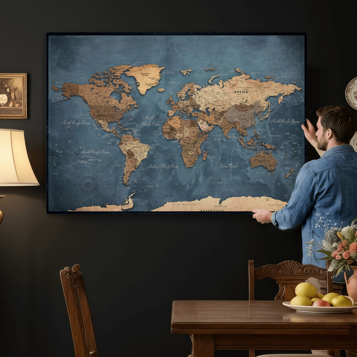 81949666D-MGV-CV-36X24 - Custom Push Pin World Map Wall Art Canvas Print – Personalized Travel Tracker with Pins Framed Large for Home and Office Decor