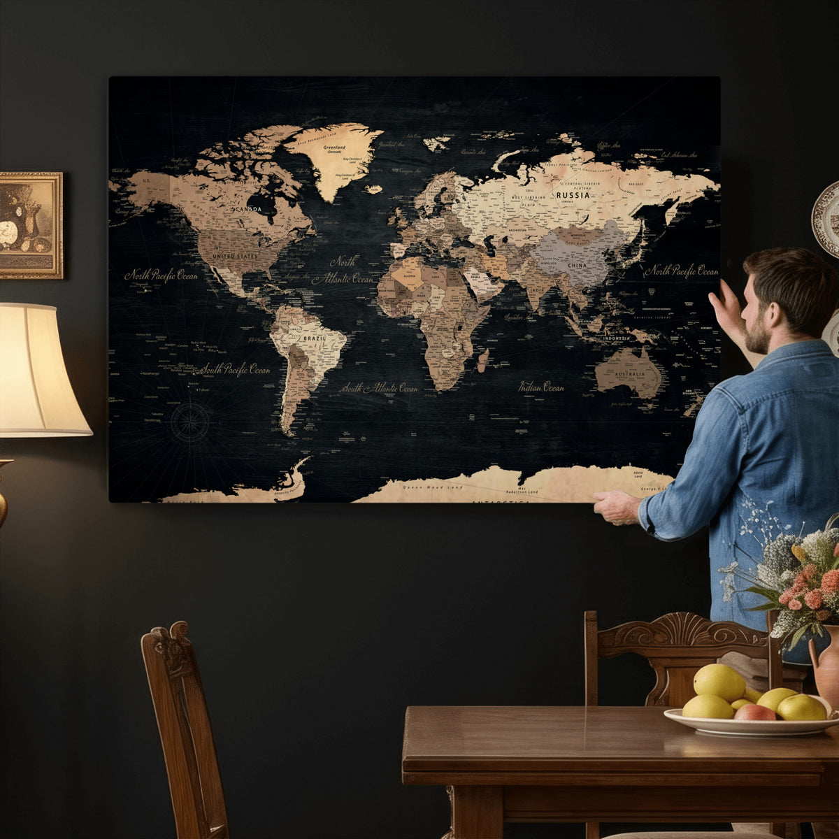 55335455D-MGV-CV-36X24 - Custom Push Pin World Map Wall Art Canvas Print – Personalized Travel Tracker with Pins Framed Large for Home and Office Decor