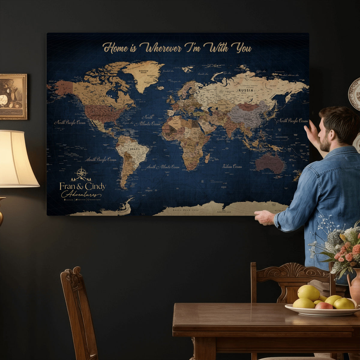 57774467D-MGV-CV-36X24 - Custom Push Pin World Map Wall Art Canvas Print – Personalized Travel Tracker with Pins Framed Large for Home and Office Decor