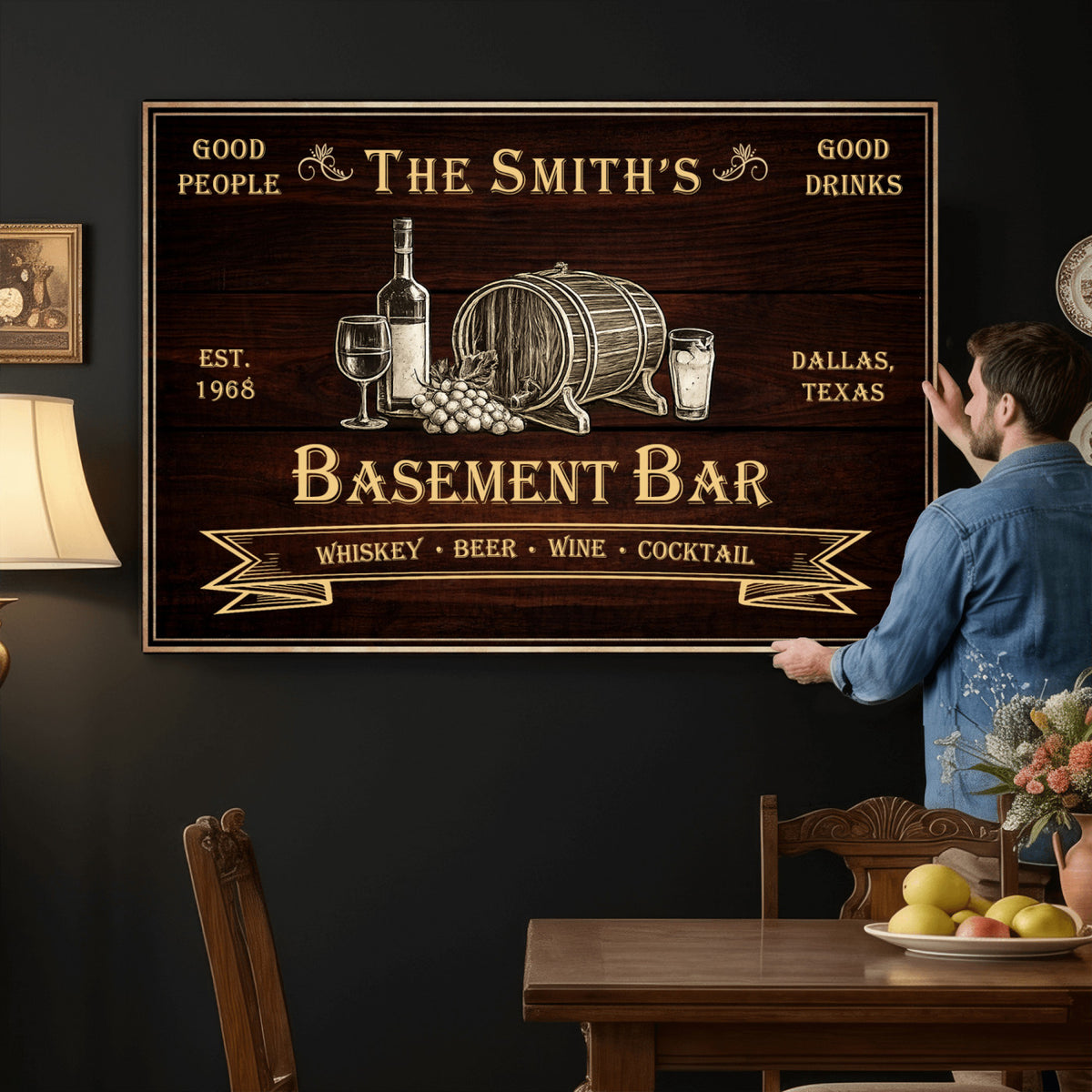 Custom Basement Bar Sign Canvas, Personalized Family Home Bar Wall Art