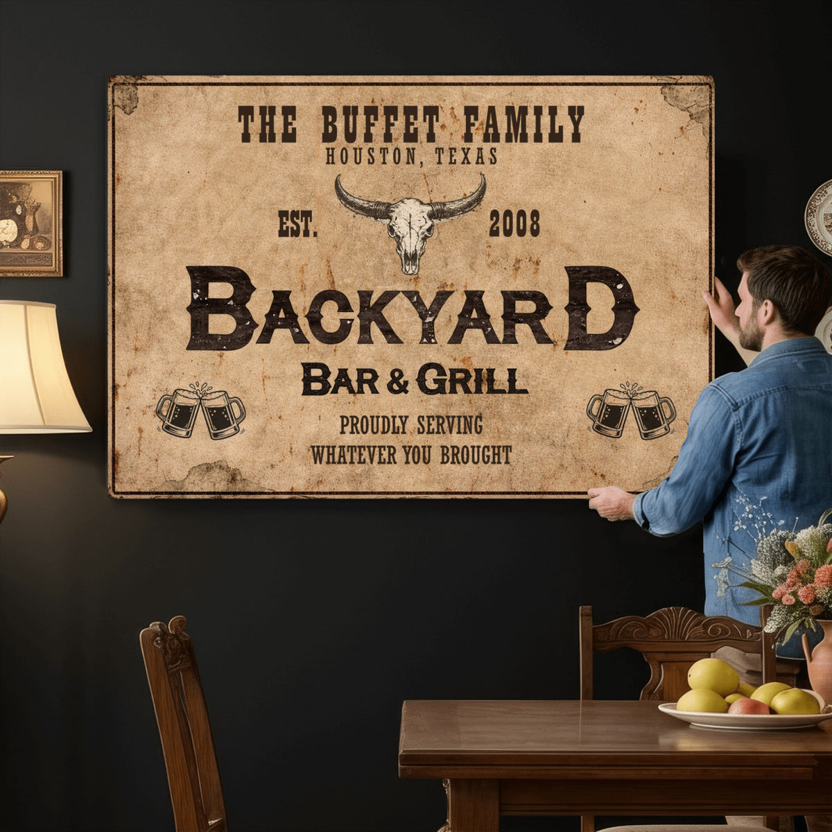 Custom Backyard Bar & Grill Sign Canvas, Personalized Family Name Sign