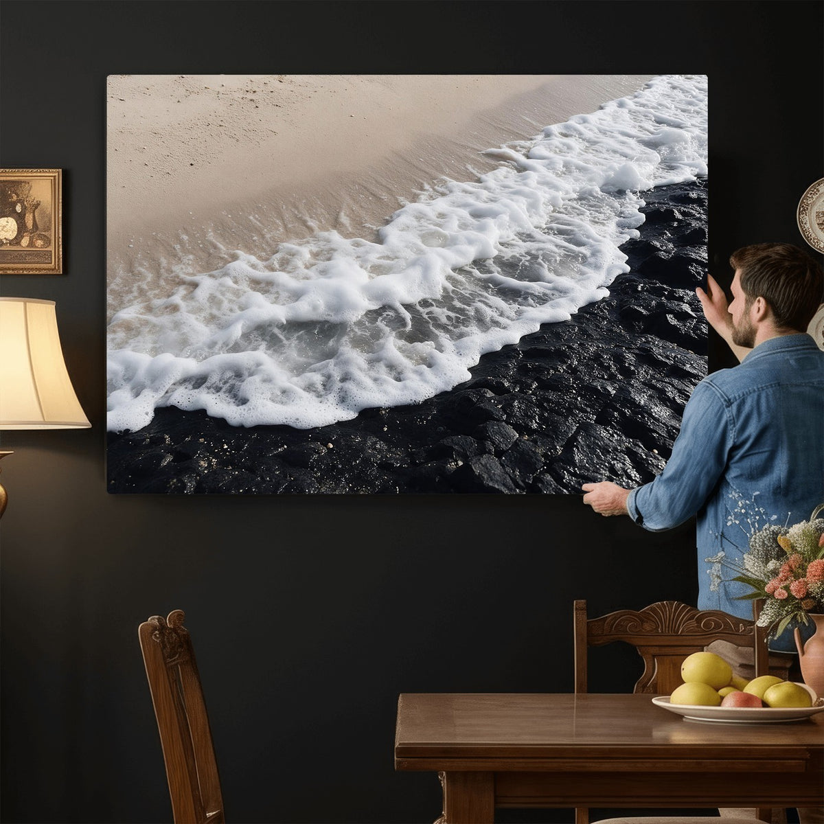 27448606-MGV-CV-24X16 - Ocean Wave Foam on Black Lava Rock Beach Canvas Wall Art Print