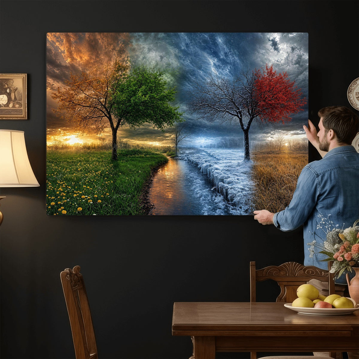 61895574-MGV-CV-24X16 - Four Seasons Tree Canvas Wall Art, Nature Landscape Canvas Print for Living Room