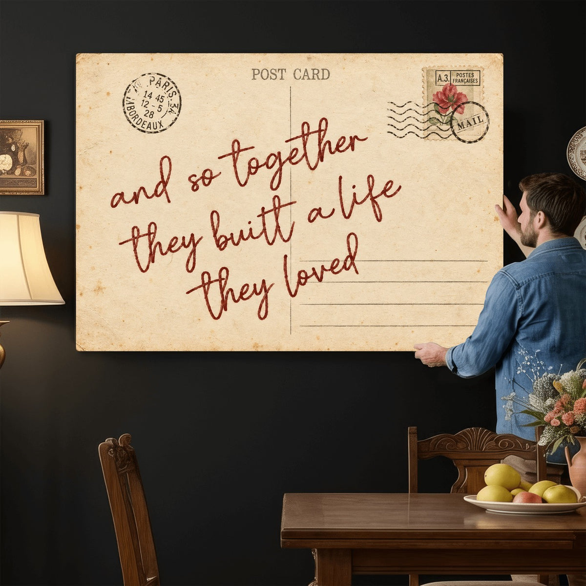 Personalized vintage postcard canvas with custom love note, gallery-wrapped edge detail