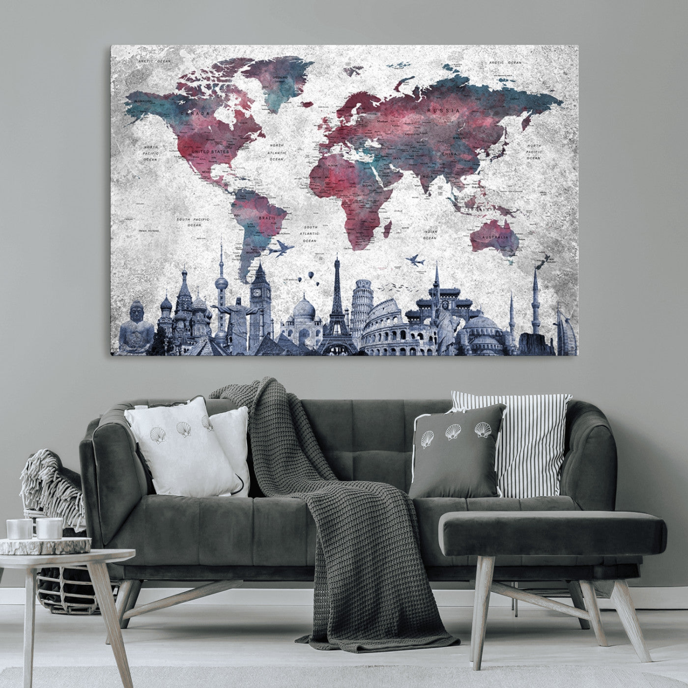 MGV-CV-36X24 - Push Pin World Map Canvas Print – Framed Wall Art for Couples to Track Their Travels – Anniversary