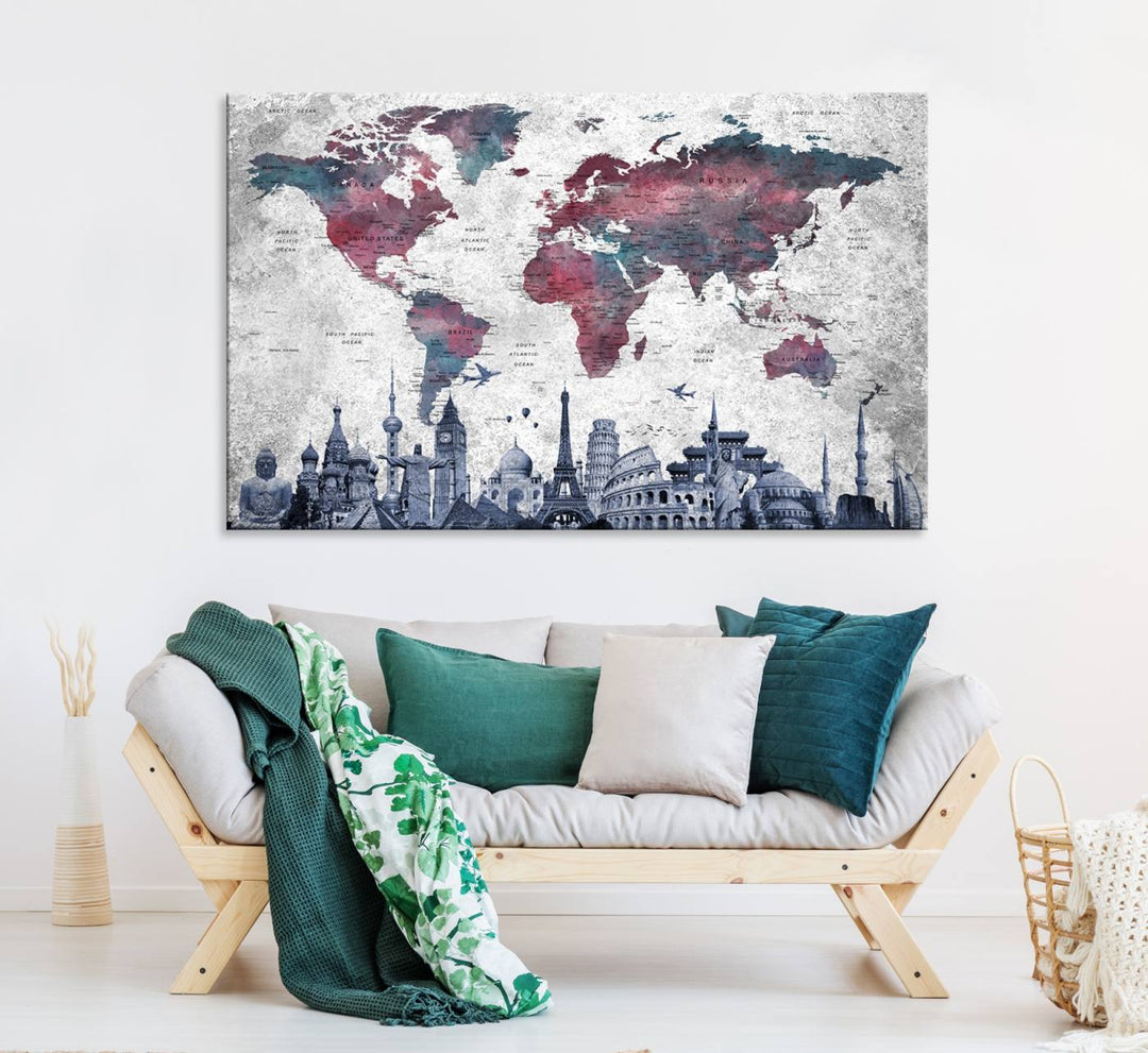 The dining room features a Blue Multipanel World Map Wall Art Canvas Print that adorns the wall, highlighting its neutral decor.