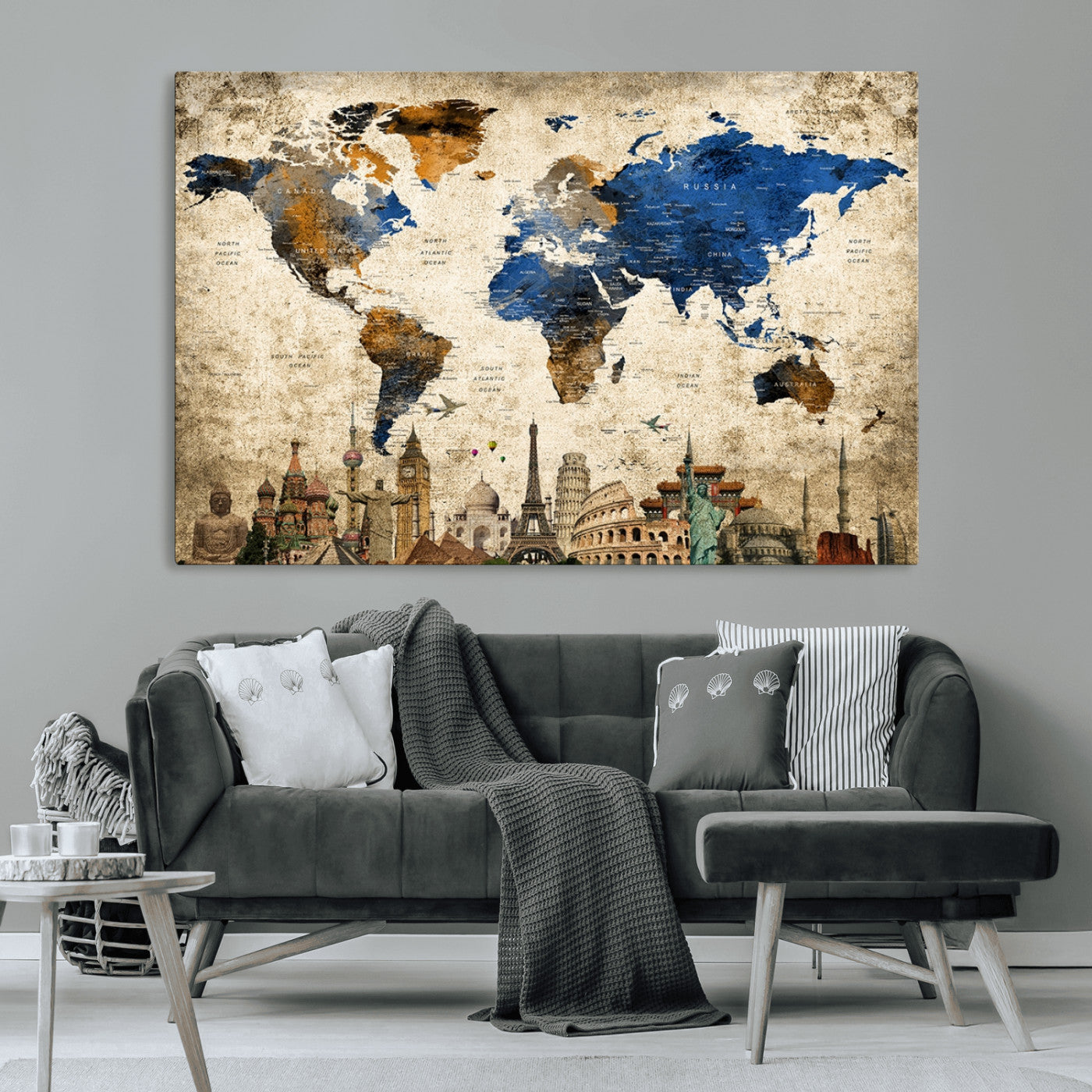 MGV-CV-36X24 - Push Pin World Map Canvas Print – Framed Wall Art for Couples to Track Their Travels – Anniversary