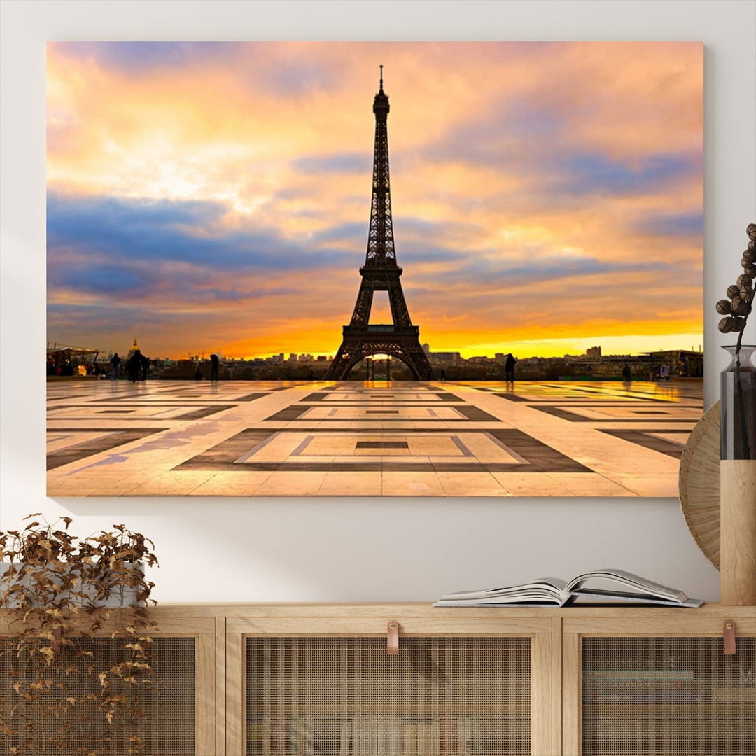 The "Paris Eiffel Tower Wall Art Canvas Prints" graces a wooden wall reminiscent of abstract expressionism.