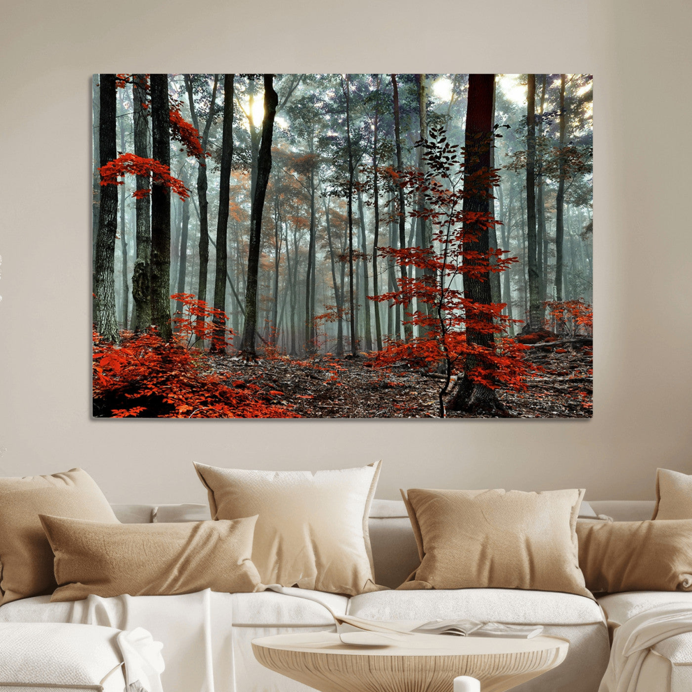 59209-MGV-CV-36X24-Autumn Forest Canvas Wall Art – Enchanting Red Leaves Triptych Print – Nature-Inspired Decor for Living Room or Office – Ready to Hang