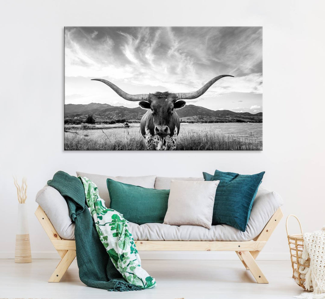 Modern living room featuring Longhorn Cow Wall Art Canvas Print.