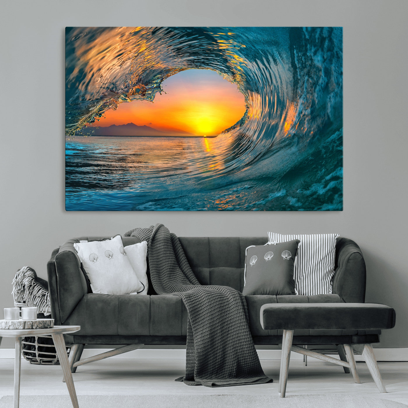 MGV-CV-36X24 - Ocean Wave Sunset Wall Art | Large Coastal Wave Canvas Print | 3-Panel Ocean Sunset Seascape for