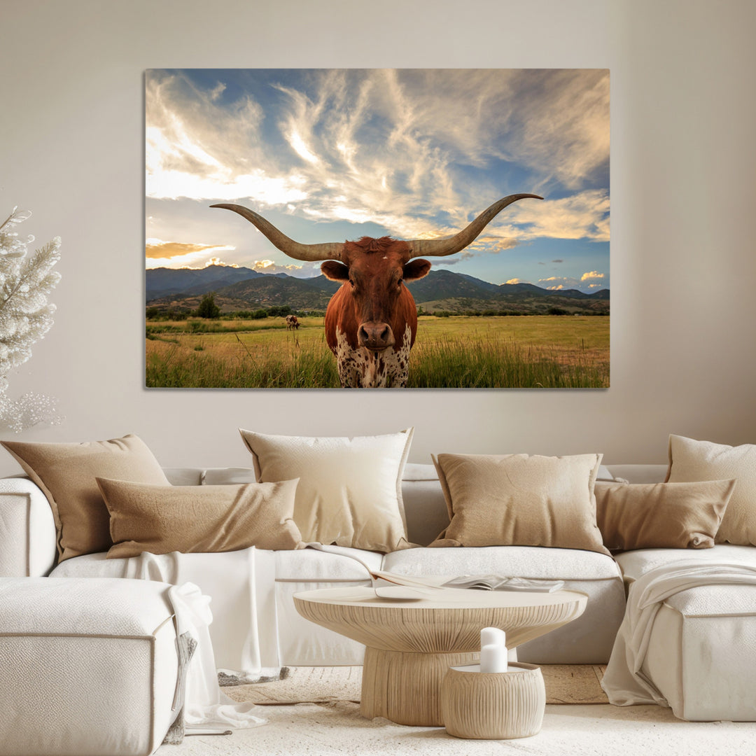 Texas Longhorn Canvas Wall Art – Majestic Triptych Animal Print – Rustic Western Decor for Living Room or Office – Ready to Hang