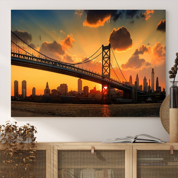 The Philadelphia Ben Franklin Bridge Wall Art Canvas Print radiates charm, embodying the beauty of premium canvas. This handmade-in-the-USA artwork captures attention with its distinct presence.