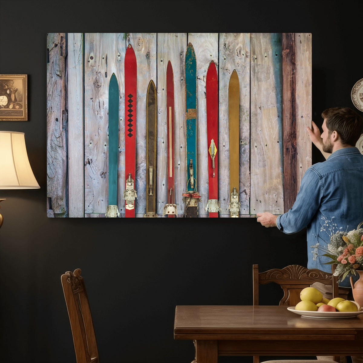 30640-MGV-CV-36X24 - Vintage Wooden Weathered Skis in Front of an Old Barn Wall Art Canvas Print