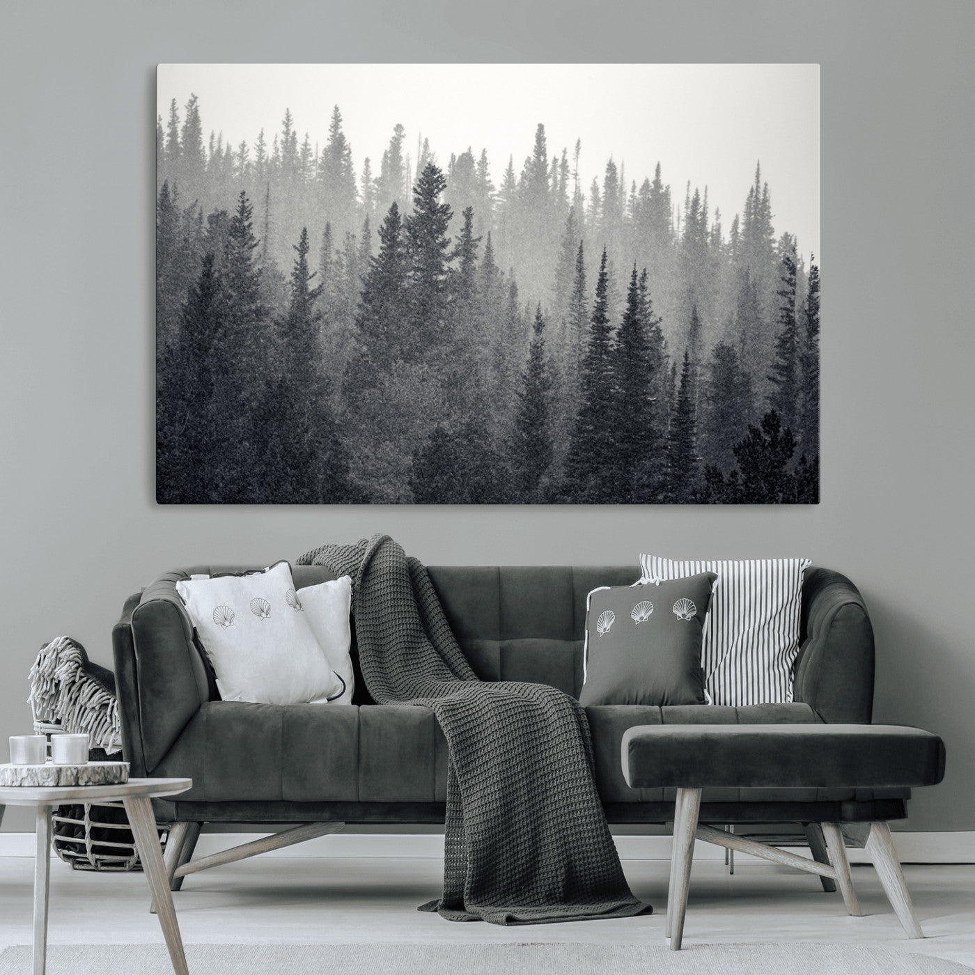 MGV-CV-36X24 - Misty Forest Canvas Wall Art – Monochrome Triptych Pine Tree Print – Nature-Inspired Home Decor –