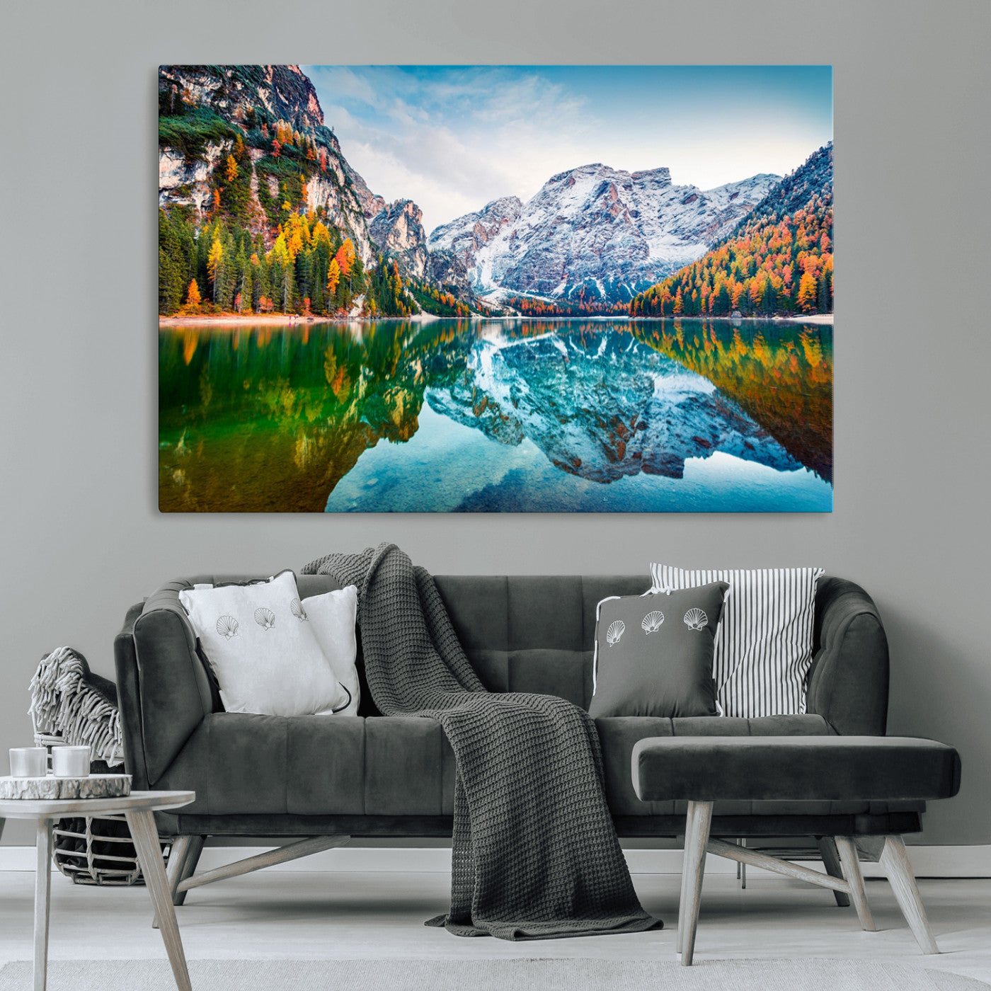 -Spectacular autumn view of Braies Lake Wall Art Canvas Print