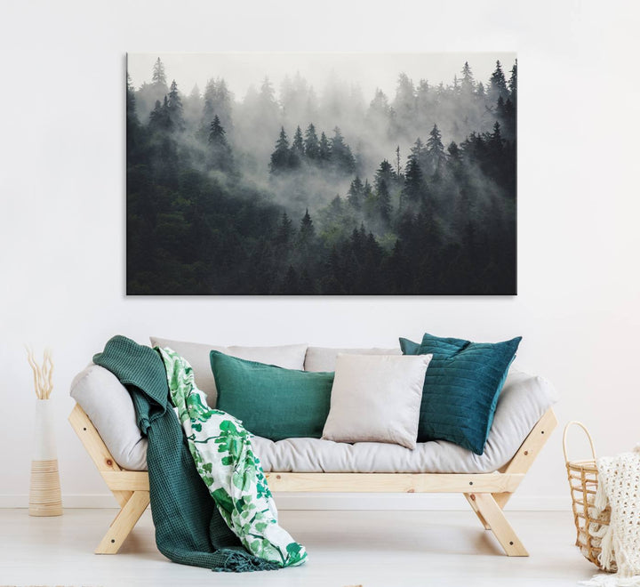 The Serene Triptych Print features tall evergreens, creating a mysterious and calming atmosphere.