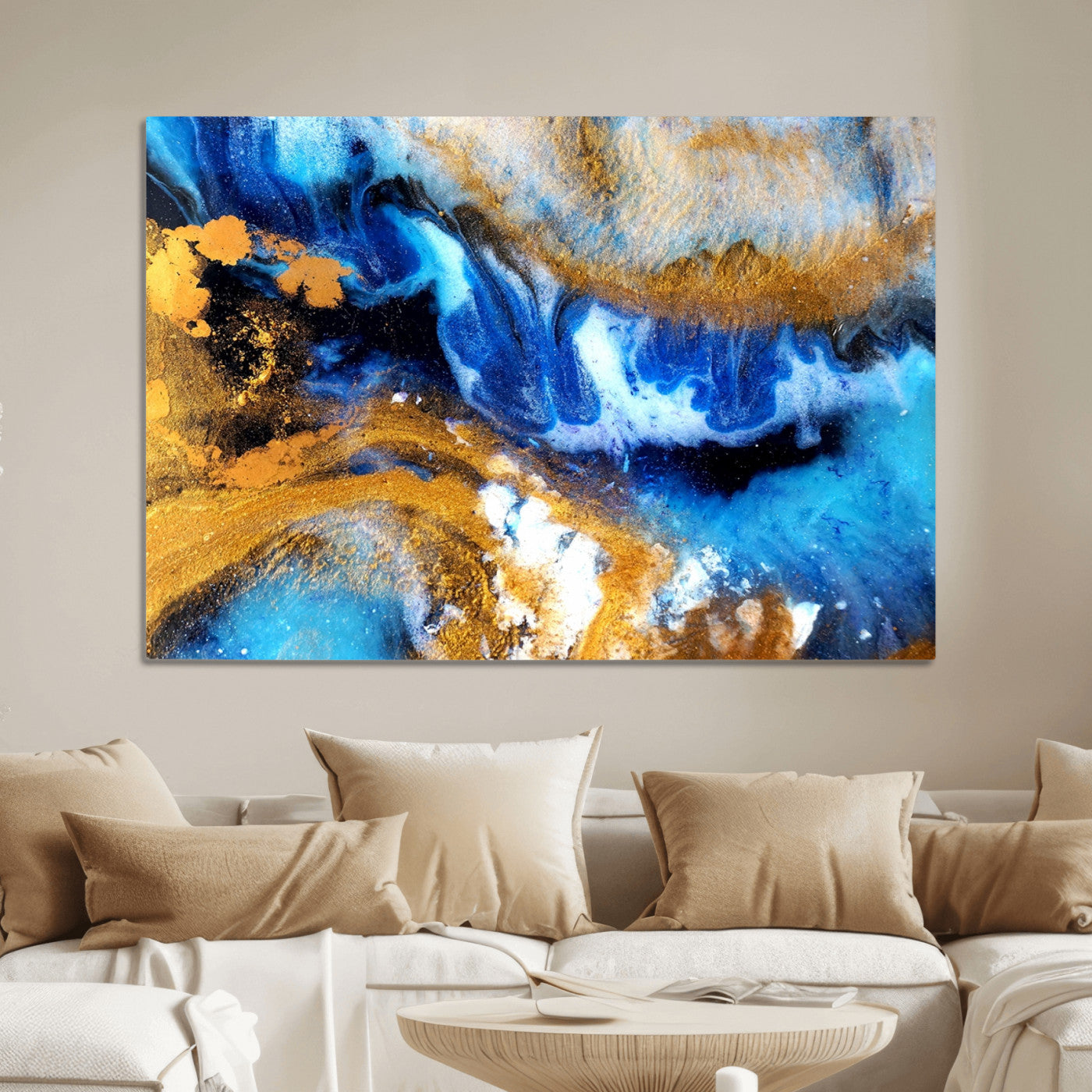 42100-MGV-CV-36X24-Blue Orange Marble Fluid Effect Canvas Wall Art Print