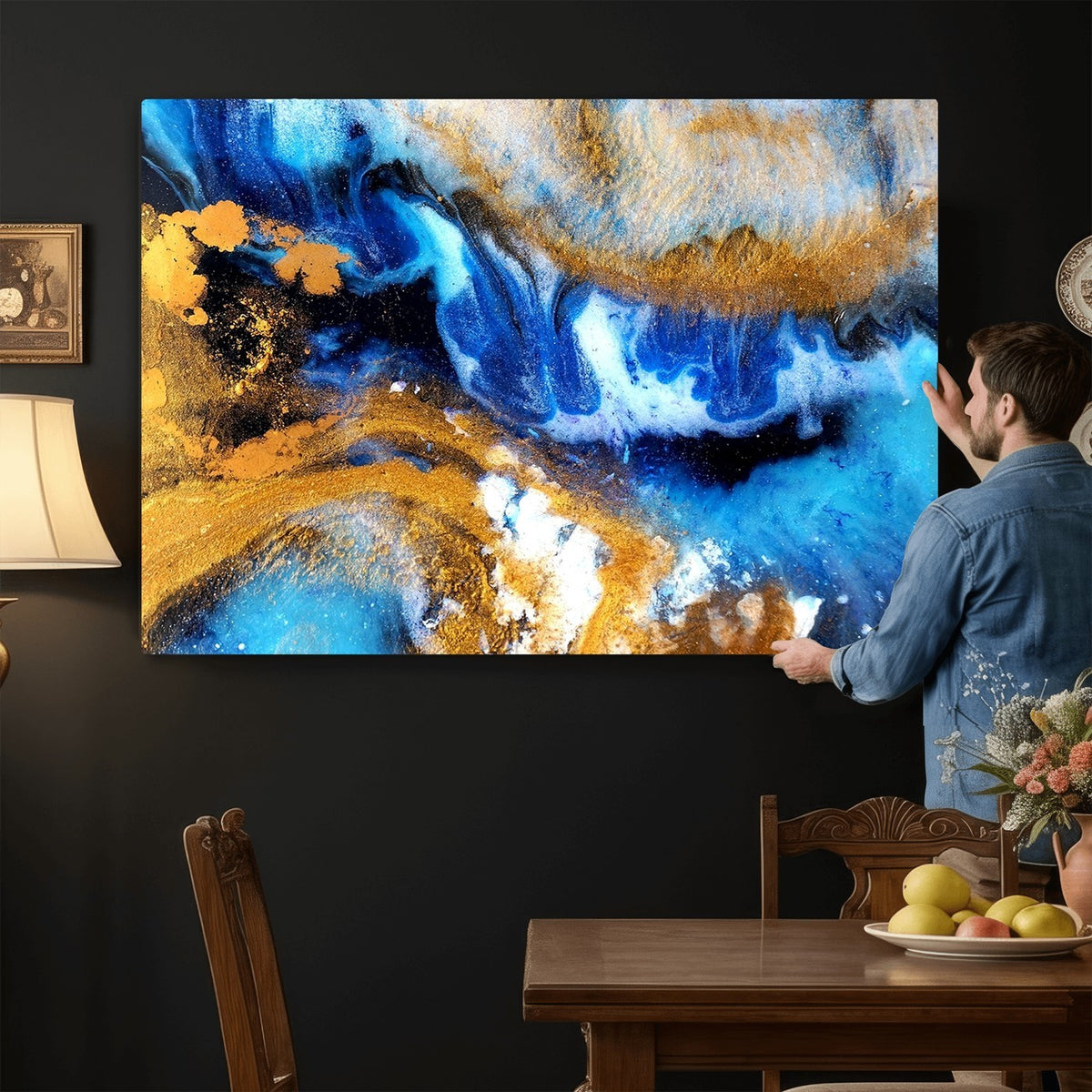 42100-_Poster-30x20 - Large Abstract Wall Art Print | Gold and Blue Abstract Canvas Wall Art