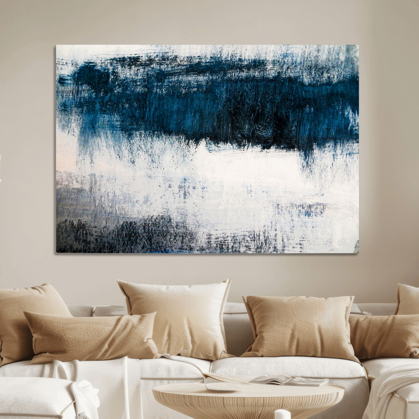 38954-MGV-CV-36X24-Abstract Blue and White Canvas Art | Large Wall Art for Modern Living Room Decor | Minimalist Brushstroke Painting on Canvas