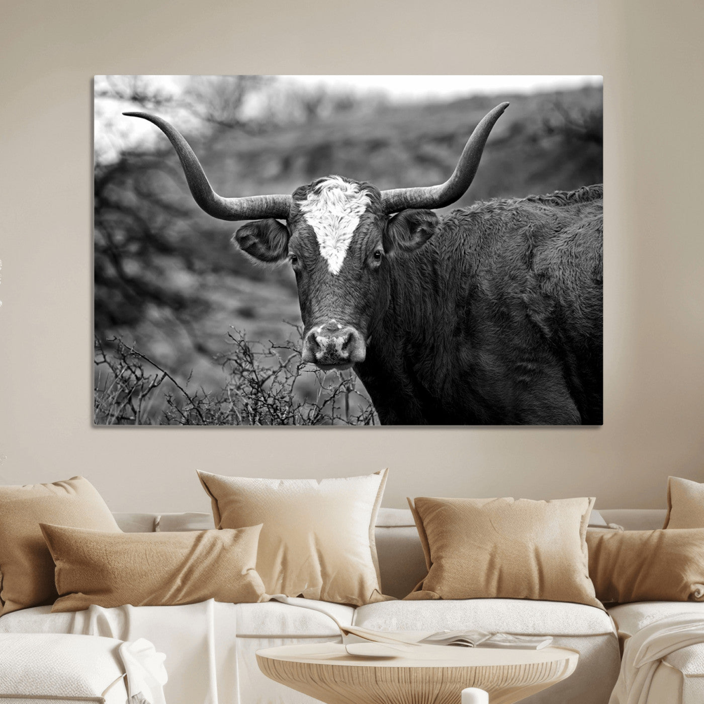 76200-MGV-CV-36X24-Western Home Wall Art Canvas Print, Framed Texas Longhorn Art Picture Print, Rustic Cow Perfect Rustic Farmhouse Decor Artwork