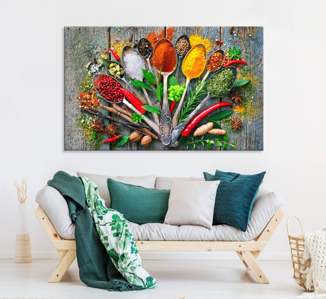 Vibrant Spoonful of Spices kitchen wall art canvas, a culinary triptych ideal for any dining room decor.