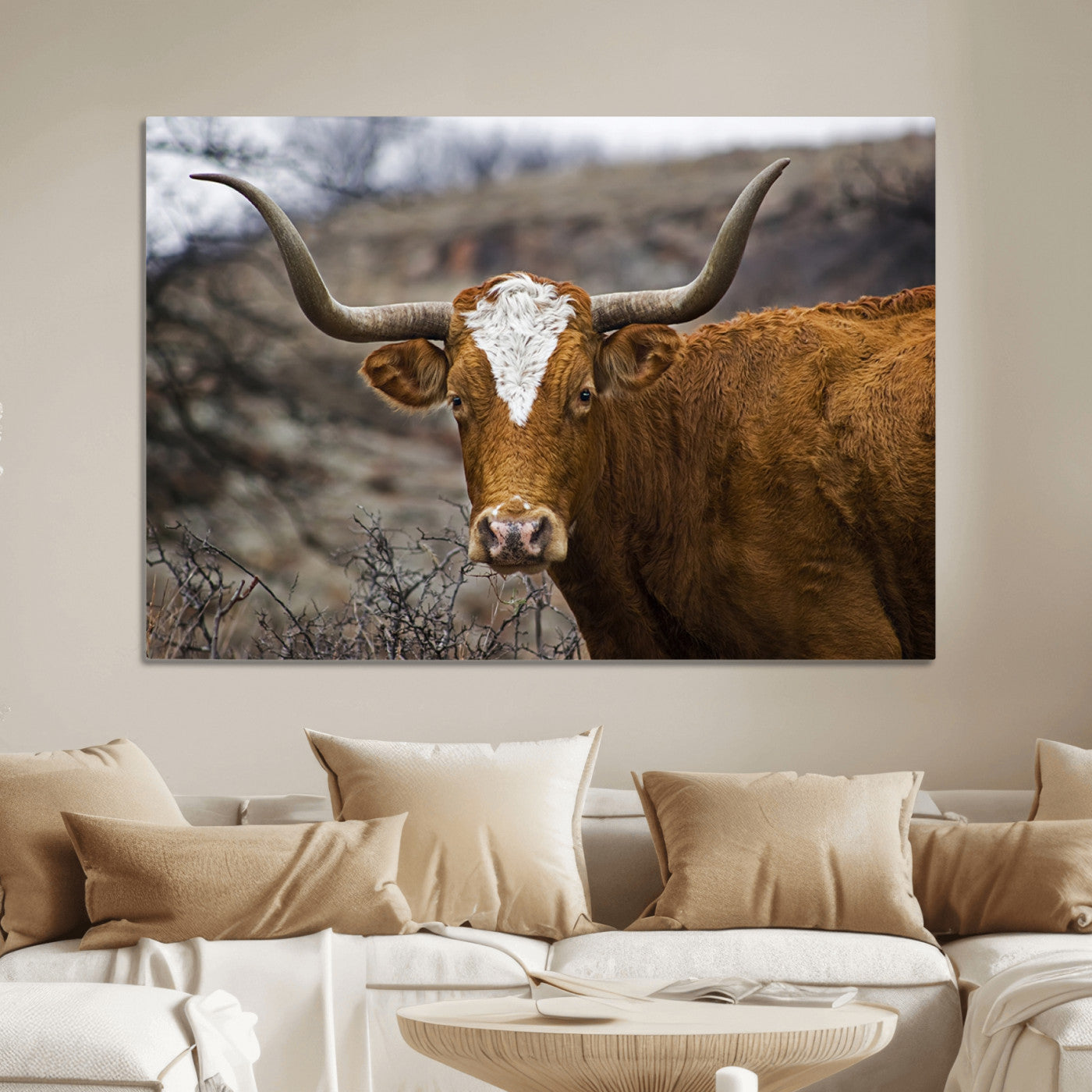 71797-MGV-CV-36X24-Texas Longhorn Canvas Wall Art - Longhorn Steer Canvas Wall Art Print- Rustic Western Animal Print, Large Longhorn Decor for Living Room,