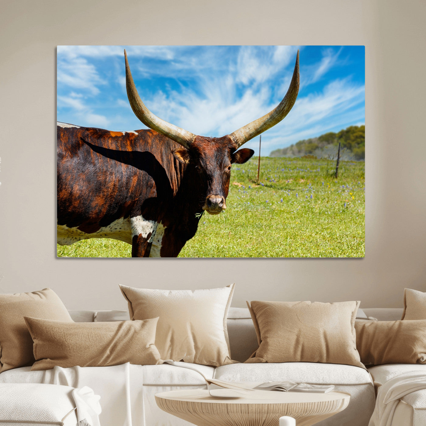 47037-MGV-CV-36X24-Longhorn and Cow Wall Art, Country Cow Wall Decor Canvas Print