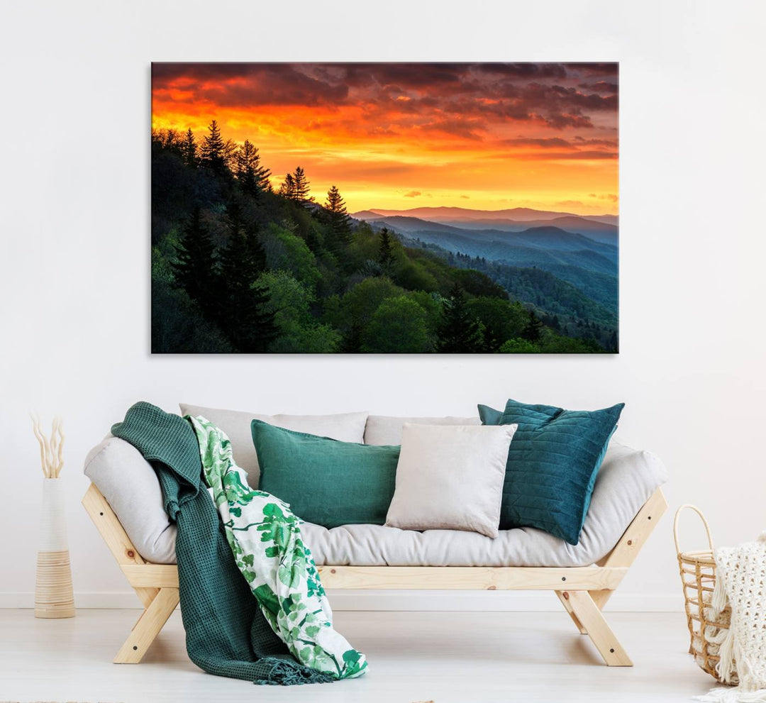 The Great Smoky Mountains Sunset Wall Art, a 3-panel print, beautifully captures natures beauty and is perfect for living room or office decor.