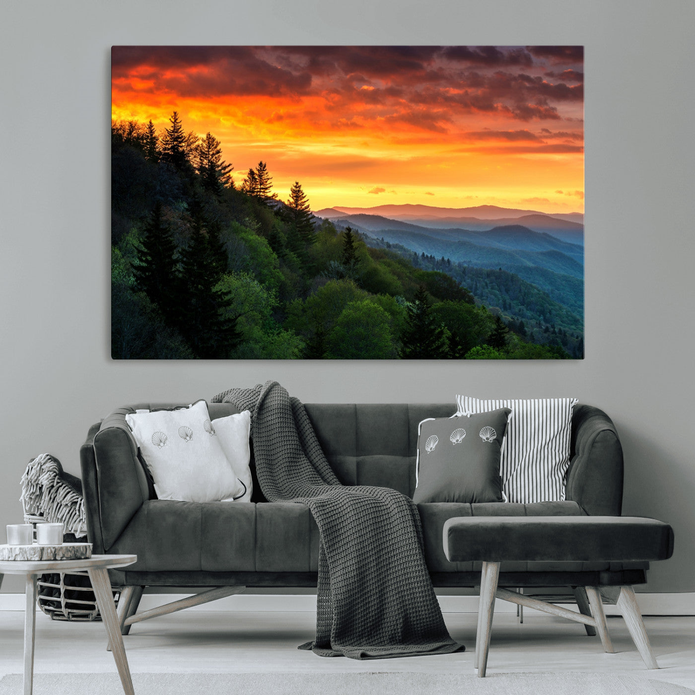 MGV-CV-36X24 - Great Smoky Mountains Sunset Wall Art Canvas Print | 3 Panel Large Nature Landscape Photography for