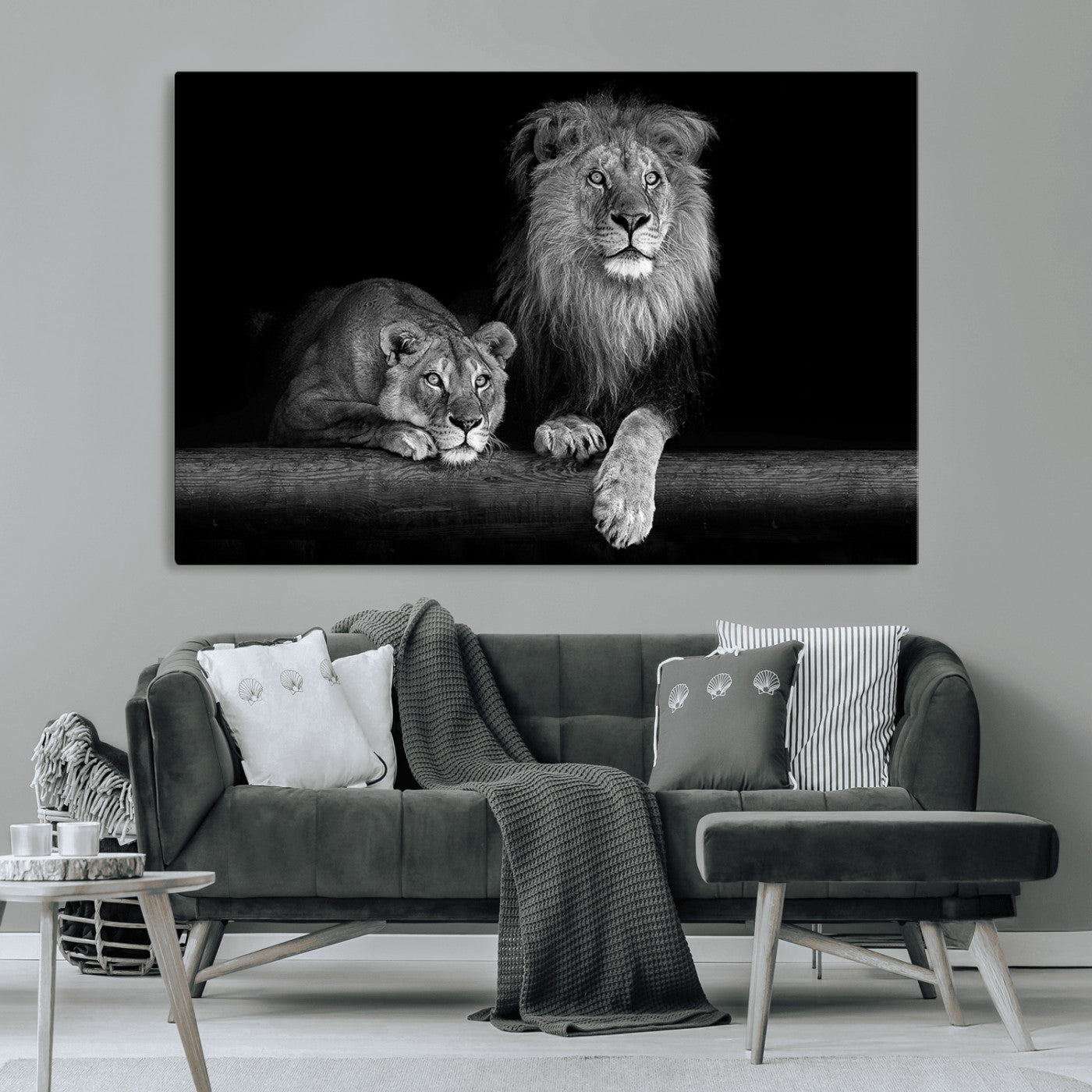 MGV-CV-36X24 - Large Black and White Lion Couple Wall Art Canvas Print