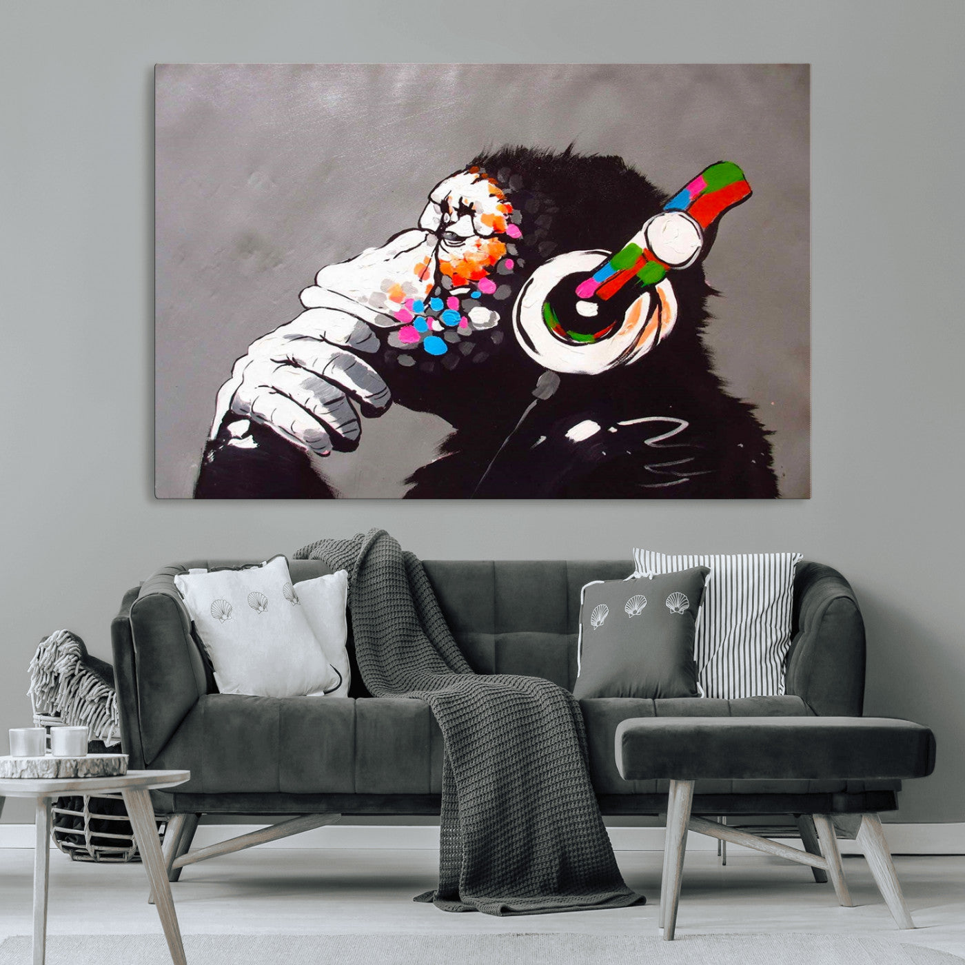 MGV-CV-36X24 - Dj Monkey Listening to Music Wall Art Print | Banksy Monkey Large Canvas Print for Living Room,